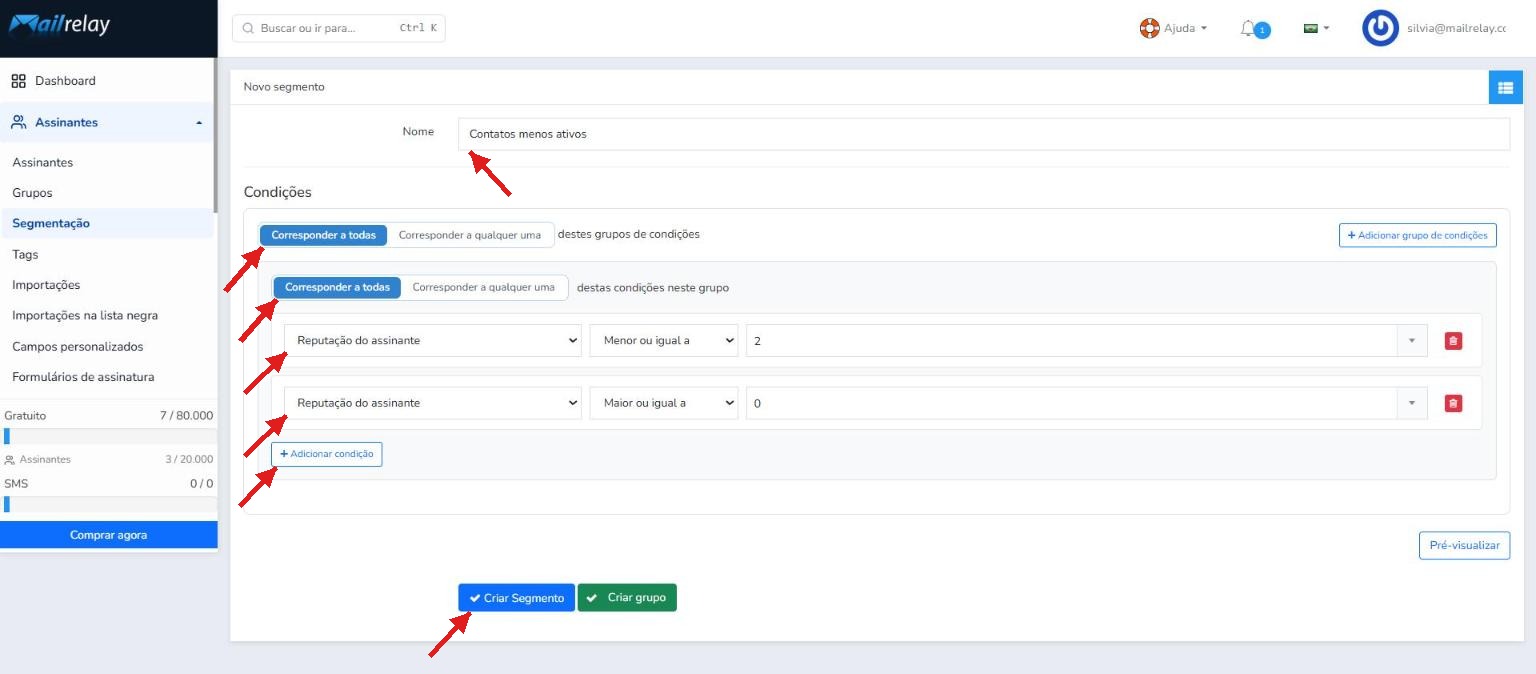 Criação do segmento com as condições de reputação do assinante