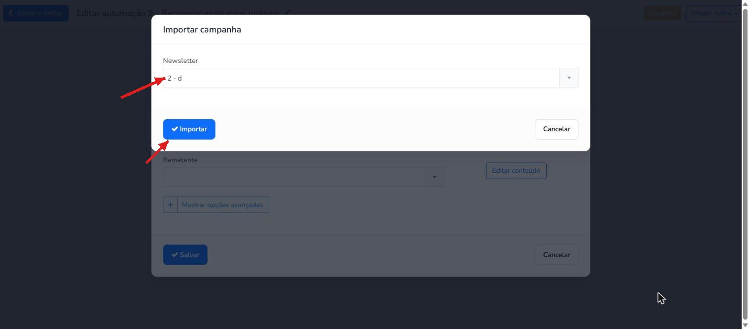 Importação do design de uma campanha existente no passo de e-mail de reativação