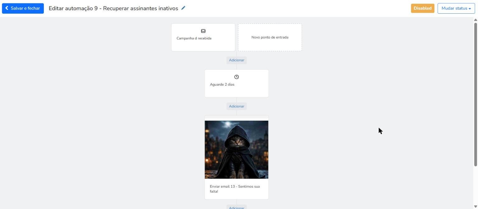 Visão final do fluxo da automação de reativação configurada