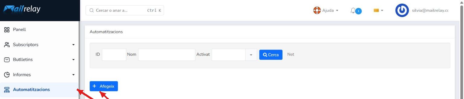 Secció Automatitzacions de Mailrelay amb el botó Afegeix ressaltat