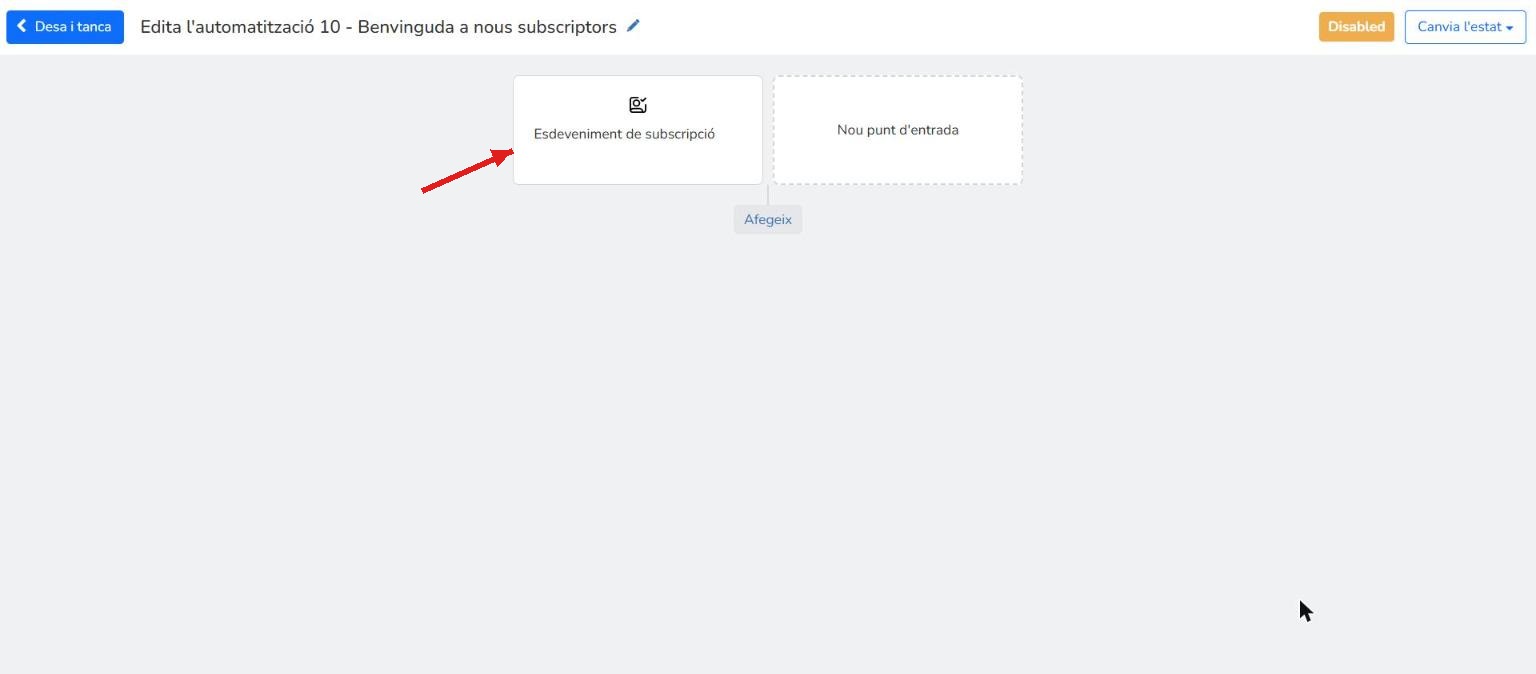Editor de l'automatització amb el bloc Esdeveniment de subscripció com a punt d'entrada
