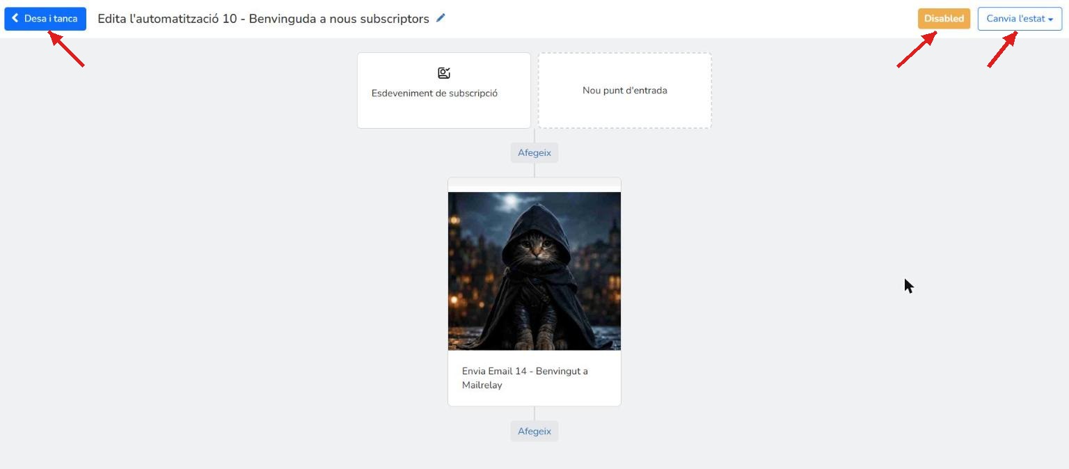 Automatització de benvinguda completada amb el bloc Esdeveniment de subscripció i el bloc Envia Email