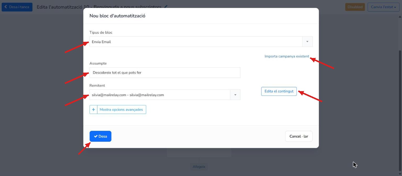 Configuració del segon pas d'email després de l'espera