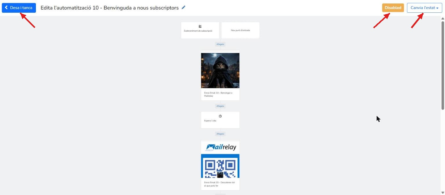Flux complet d'una campanya de degoteig a Mailrelay amb Esdeveniment de subscripció, Envia Email, Espera 1 dia i un segon Envia Email