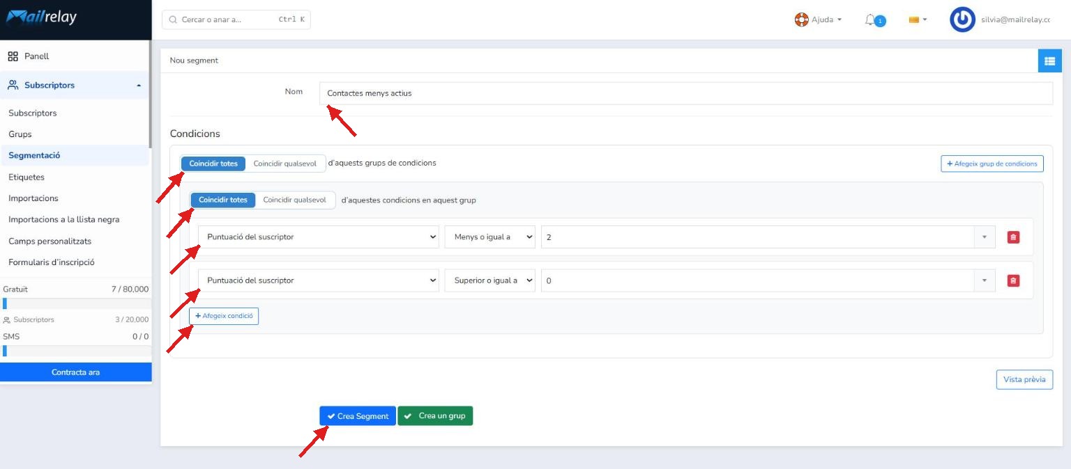 Creació del segment amb les condicions de puntuació del subscriptor