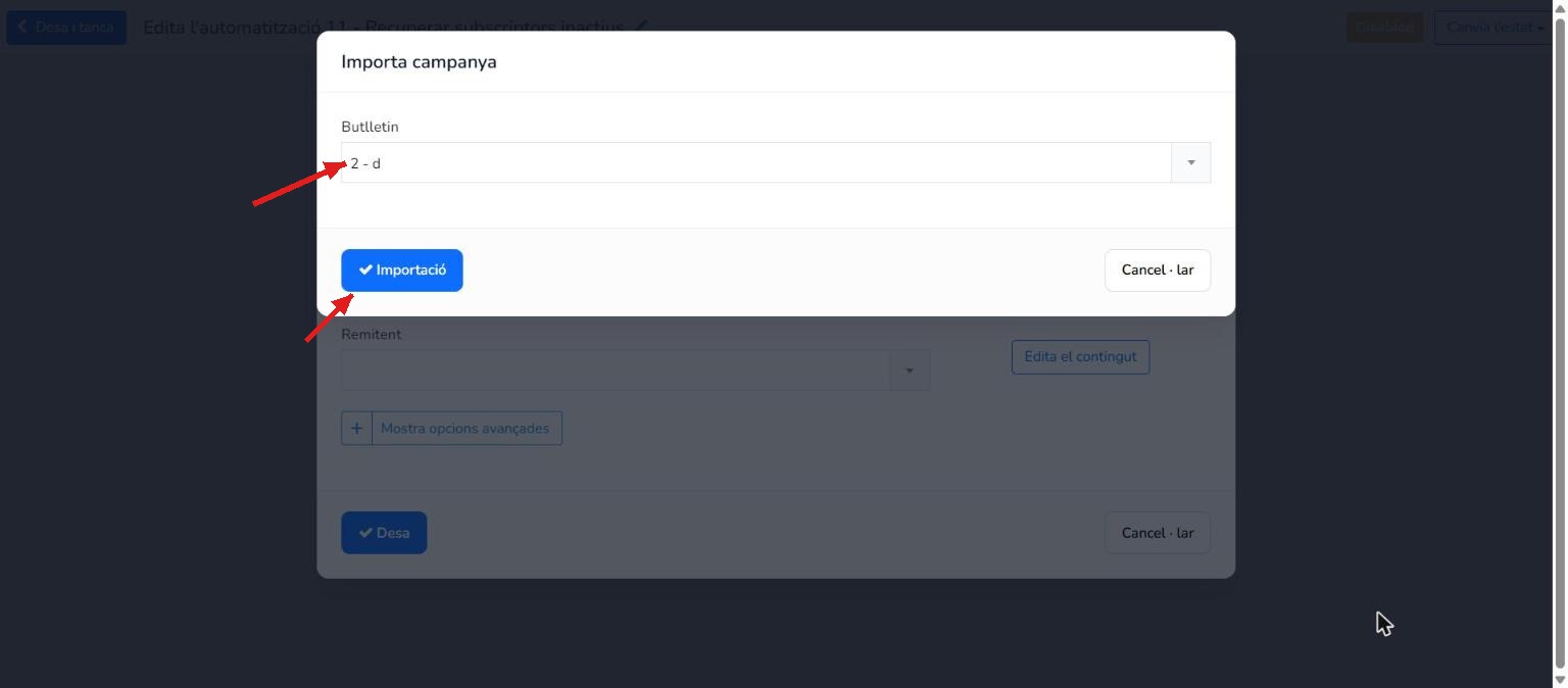 Importació del disseny d'una campanya existent al pas d'email de reactivació