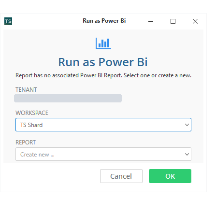 The Run as Power BI window with the shared workspace selected and Report set to Create new