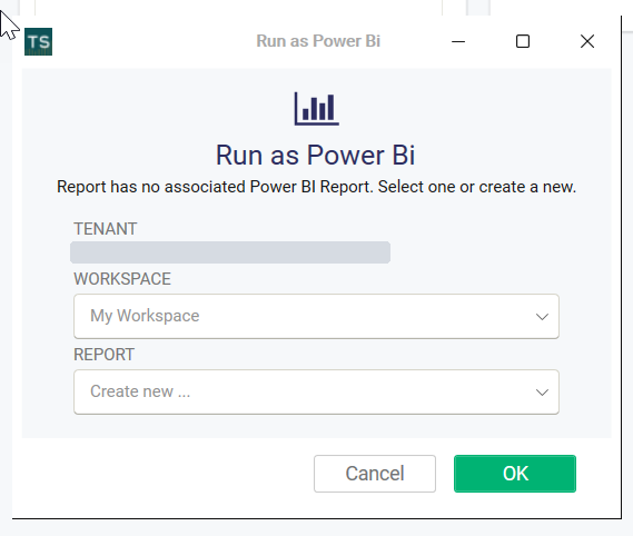 The Run as Power BI window with My Workspace selected and Report set to Create new