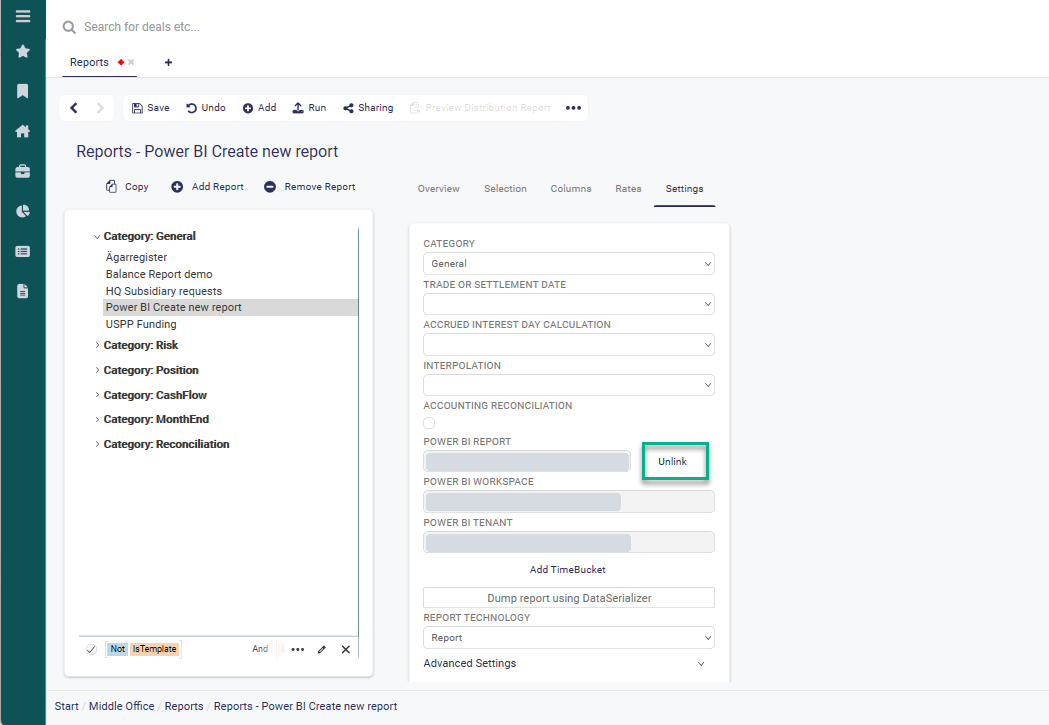 A report's Settings tab in TS, with Unlink highlighted next to the Power BI report