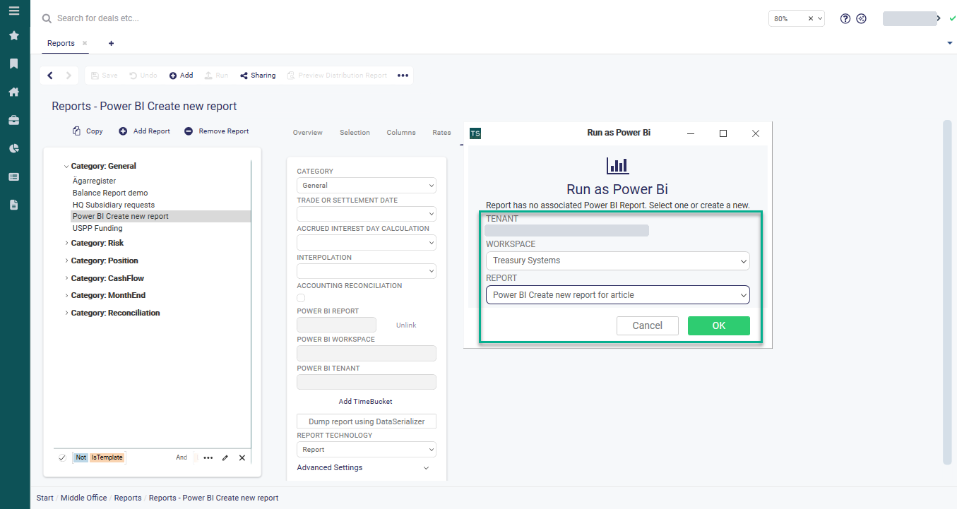 The Run as Power BI window in TS, choosing a workspace and report to connect