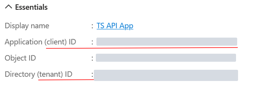 The application's Essentials, with the Application (client) ID and Directory (tenant) ID underlined