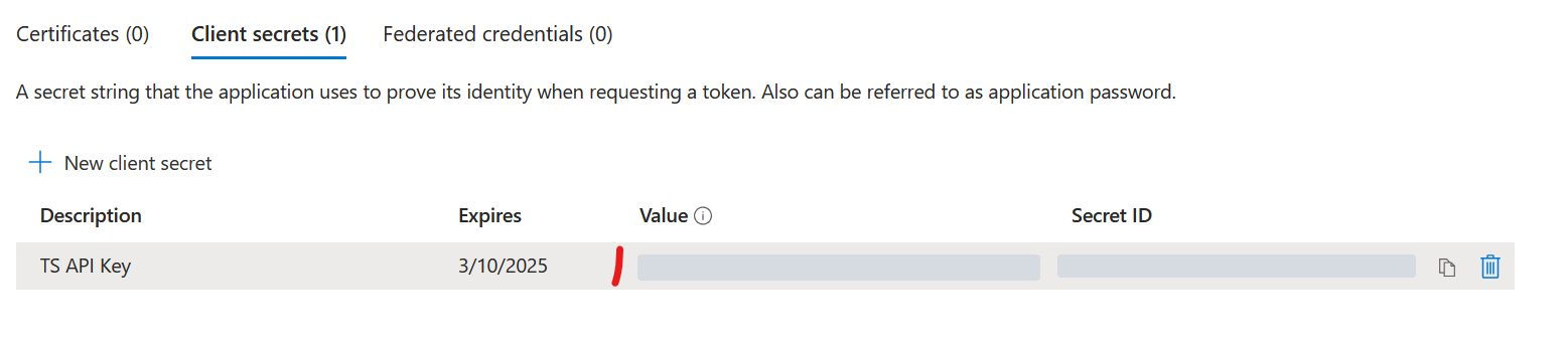 The new client secret in the list, with its expiry date and value