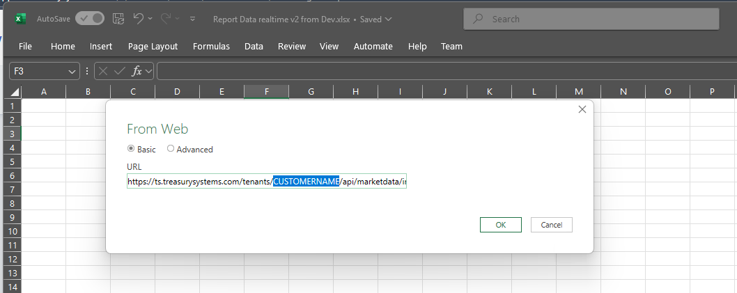 The From Web dialog in Excel, with a TS API URL entered and CUSTOMERNAME selected in it