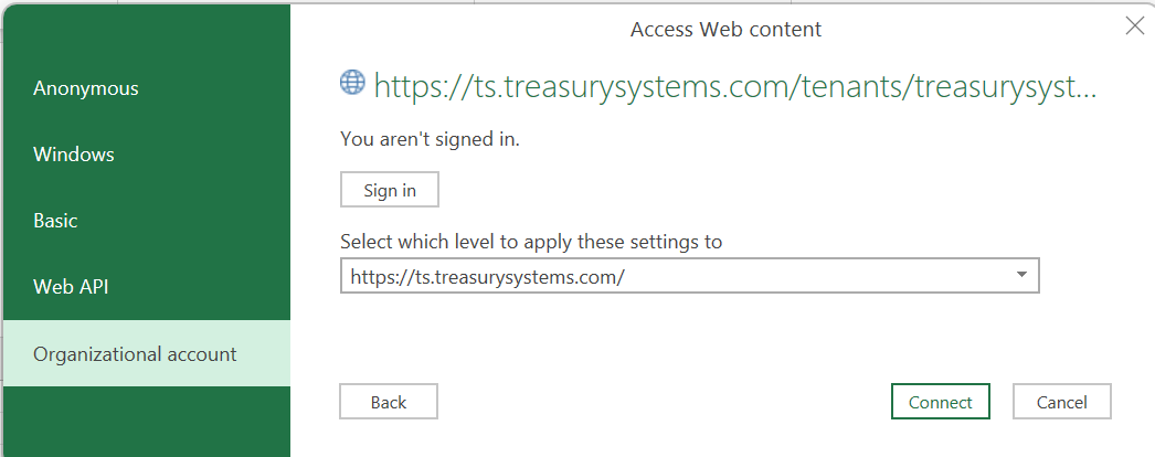 The Access Web content dialog, with Organizational account selected and the Sign in button