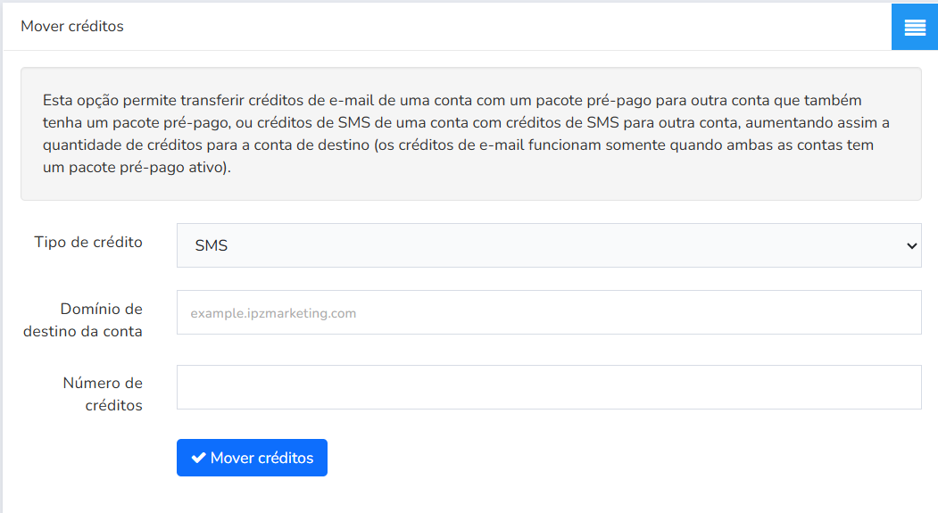 Opção Mover créditos no menu Relatórios > Estatísticas de bônus