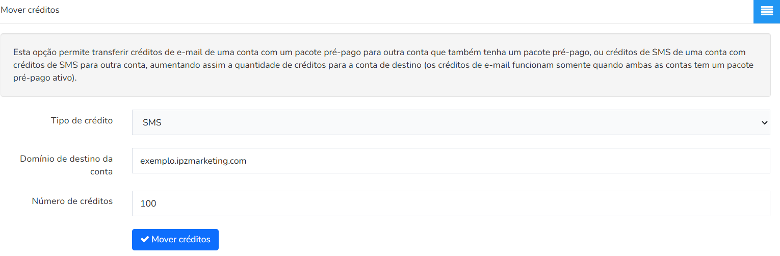 Formulário para mover créditos de SMS, com tipo de crédito, conta de destino, número de créditos e botão Mover créditos