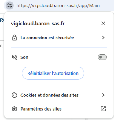 Menu d'informations du site vigicloud.baron-sas.fr dans Google Chrome, avec l'entrée Cookies et données des sites