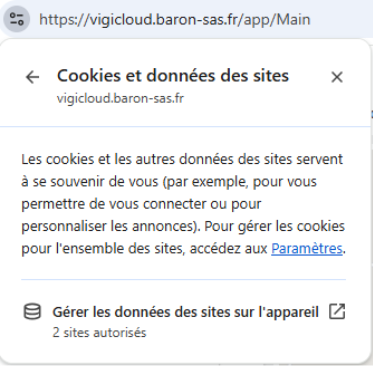 Panneau Cookies et données des sites de Google Chrome pour vigicloud.baron-sas.fr, avec le lien Gérer les données des sites sur l'appareil
