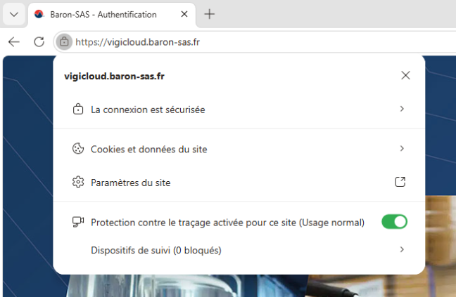 Menu d'informations du site vigicloud.baron-sas.fr dans Microsoft Edge, ouvert depuis le cadenas, avec l'entrée Cookies et données du site