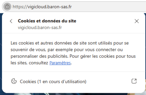 Panneau Cookies et données du site de Microsoft Edge pour vigicloud.baron-sas.fr, avec l'entrée Cookies (1 en cours d'utilisation)