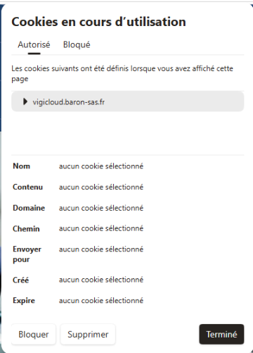 Fenêtre Cookies en cours d'utilisation de Microsoft Edge avec vigicloud.baron-sas.fr et les boutons Bloquer, Supprimer et Terminé