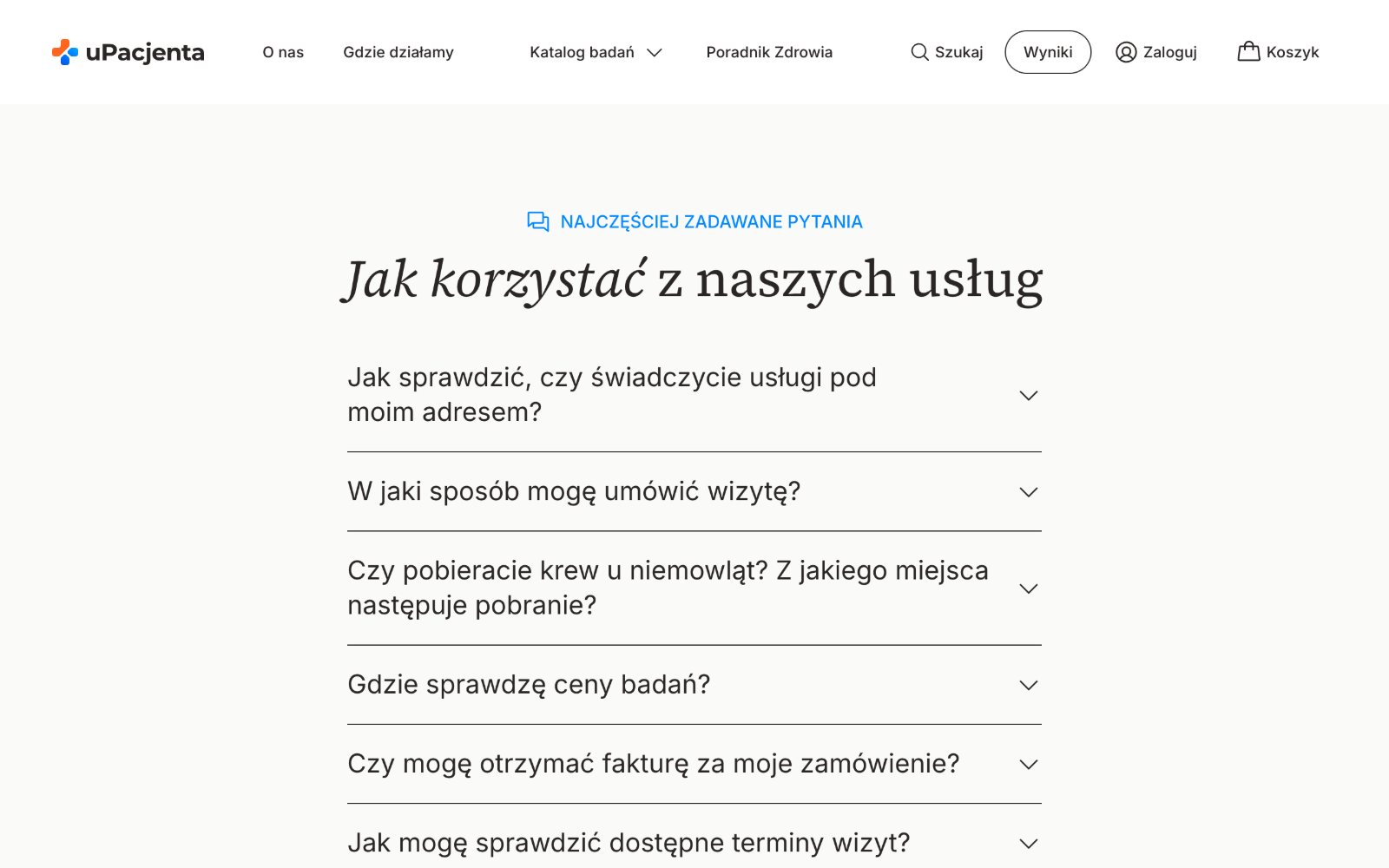 Strona Kontakt na upacjenta.pl z najczęstszymi pytaniami