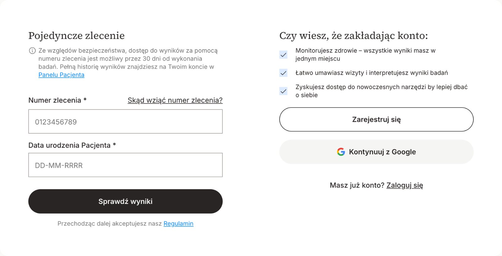 Formularz odbioru wyników z numerem zlecenia