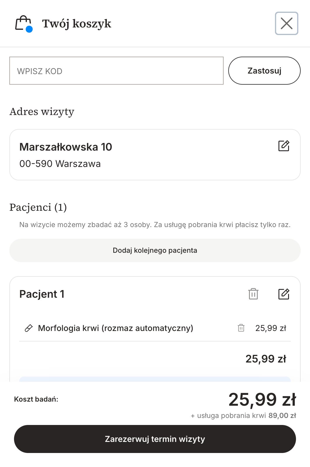 Koszyk z przyciskiem Dodaj kolejnego pacjenta