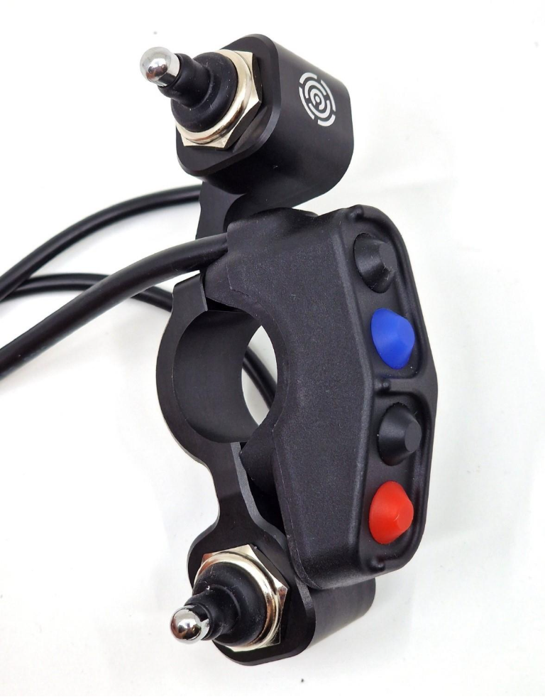 A black switch with red and blue buttons 
AI-generated content may be incorrect.