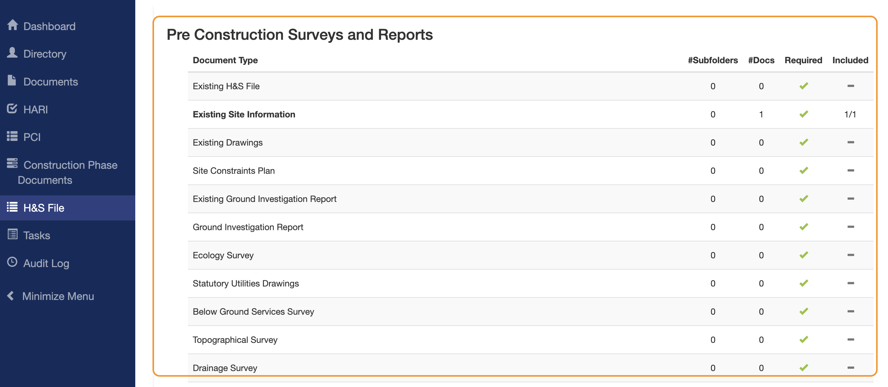 Items uploaded to the PCI will usually be in the Pre Construction Surveys and Reports section