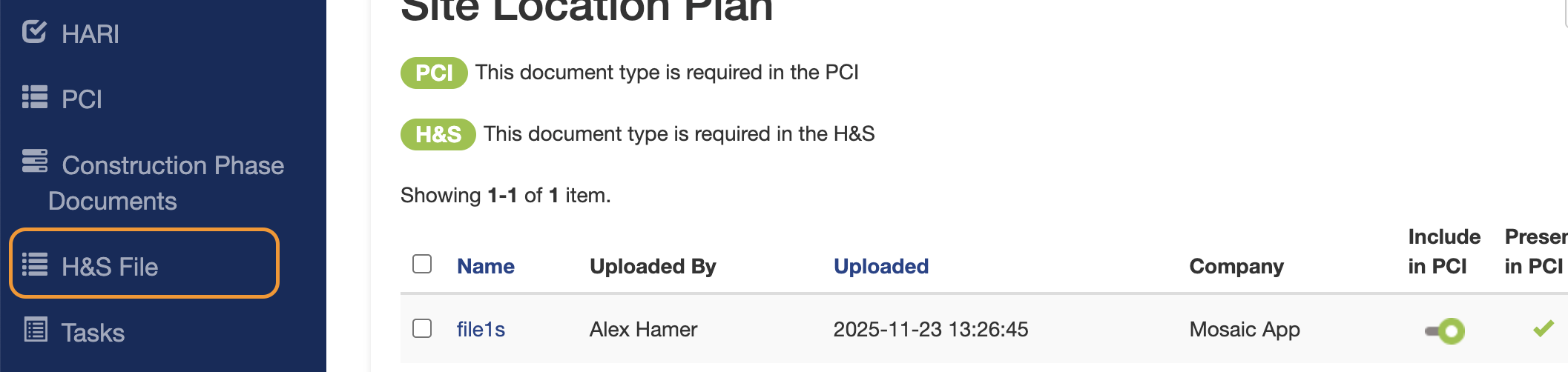 If this document type was also saved to the H&S File, you can see it there