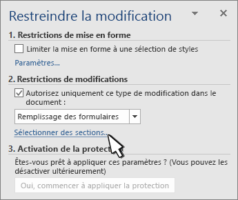 Sélecteur de sections dans le panneau Resrict sections