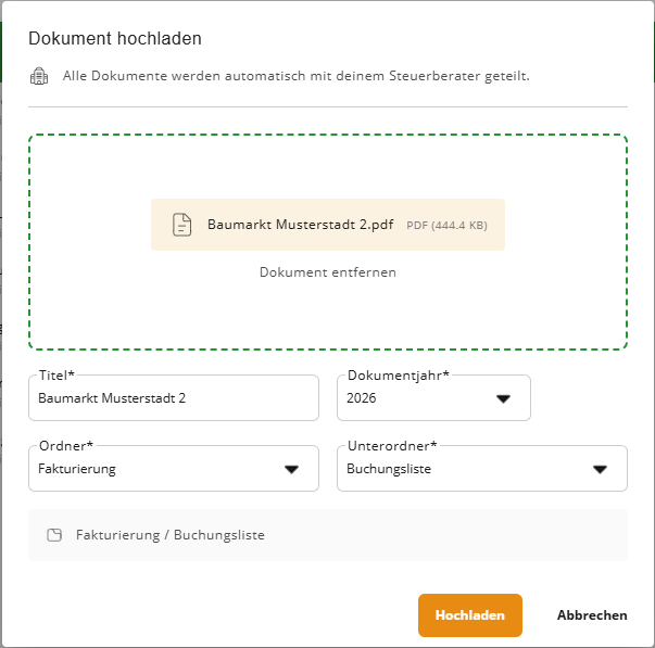 The image shows a document upload interface with fields for title, year, and folder, and options to add an account or remove a document.
KI-generierte Inhalte können fehlerhaft sein.