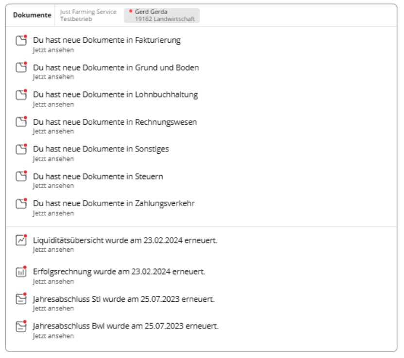 The document lists various types of new documents such as invoices, balance sheet, income statement, and tax documents, with recent updates on the 23rd of February and 25th of July, 2023.

KI-generierte Inhalte können fehlerhaft sein.