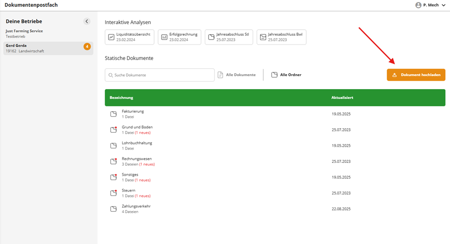 The image displays a user interface with a document management system for a farm business, featuring tabs for different accounting categories such as Liquidity Report, Success Report, Balance Sheet, and various subcategories, along with document management features like document uploading and searching.
KI-generierte Inhalte können fehlerhaft sein.