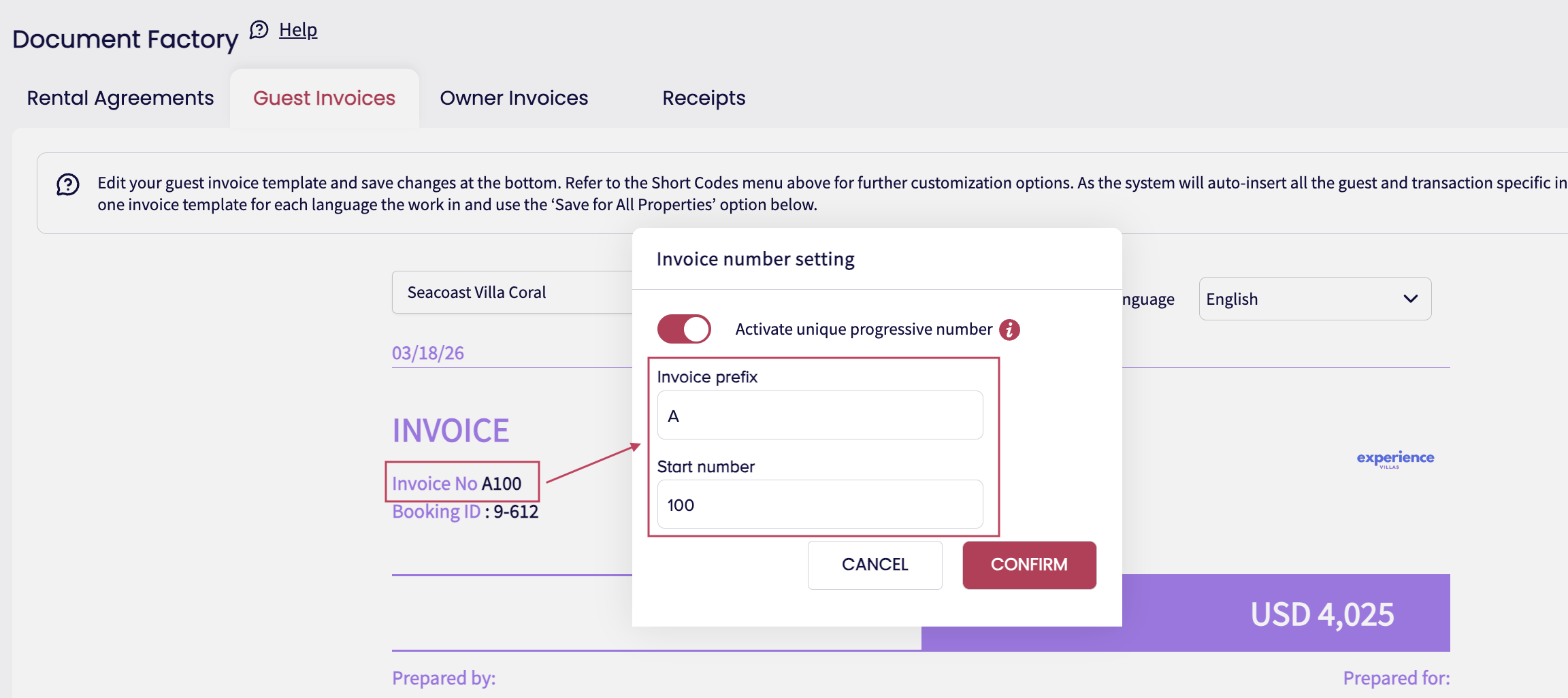 Guest Invoices progressive numbering