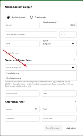 The image is a form for creating a contact, including fields for company and personal details, tax information, and an option to create or cancel the contact.

KI-generierte Inhalte können fehlerhaft sein.
