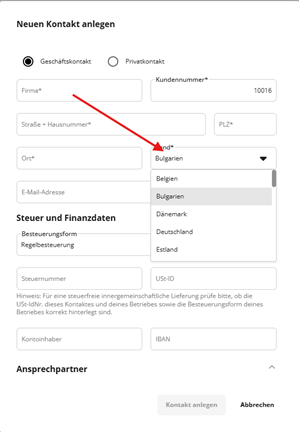 The image is a form for creating contact information, with fields for company, address, email, tax, and tax number, including a note about checking tax details for tax-free intra-community delivery.

KI-generierte Inhalte können fehlerhaft sein.