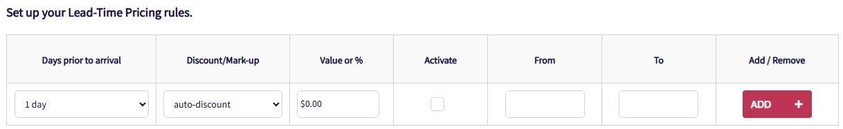 Screenshot of Lead-Time Pricing settings showing options to automatically apply discounts or markups based on how far in advance a guest books, enabling dynamic pricing adjustments over time.