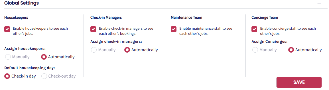 Global Settings in Settings > User Rights > Operations, where administrators can configure team visibility, task assignment methods, and housekeeping scheduling for operational staff.