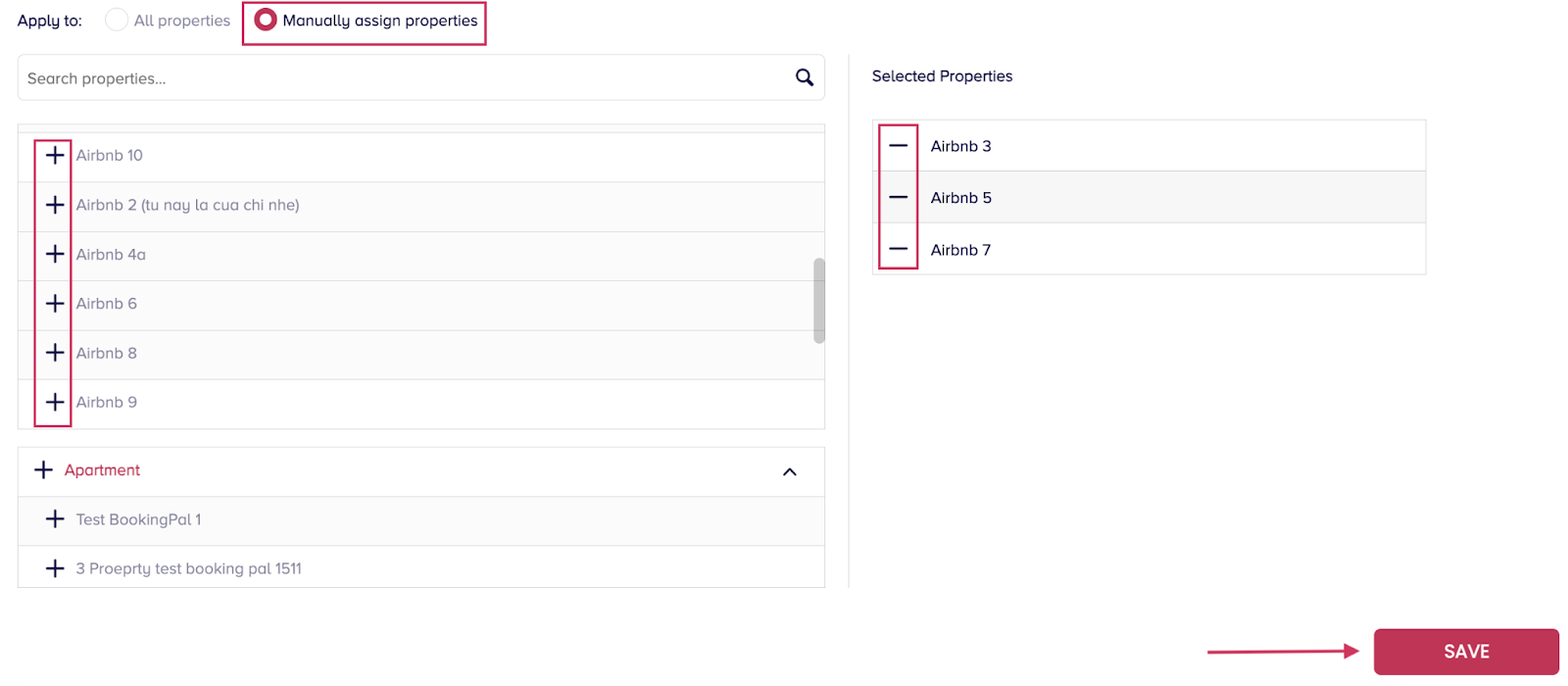 User Property Specific Controls in Settings > User Rights, where Reservation Manager can assign users access to all properties or selected properties and control portfolio visibility based on assigned permissions.