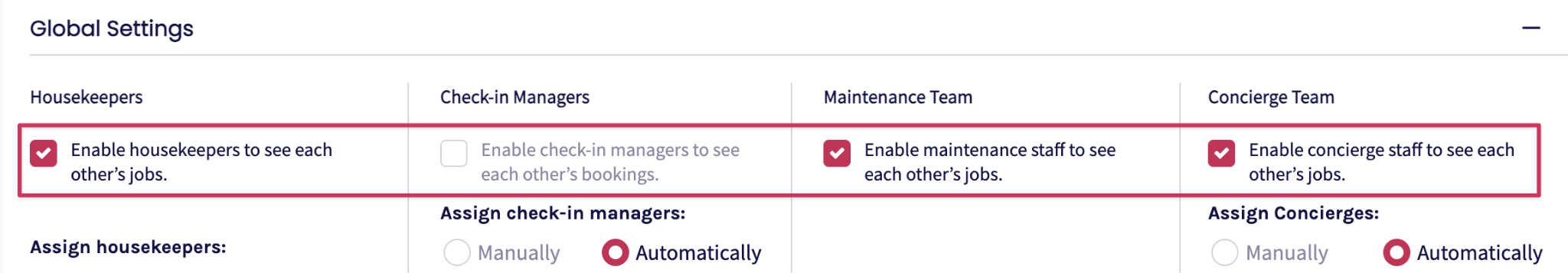 Team Visibility  Choose whether team members can view each other's tasks:  Enabled: Team members can view each other's tasks and help when needed.  Disabled: Team members can only view their own tasks.