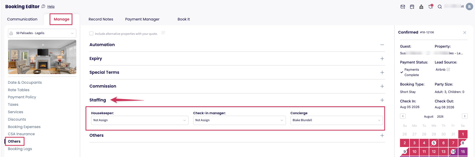 Booking Editor  Open the booking.  Go to Manage > Others > Staffing.  Assign the staff member.