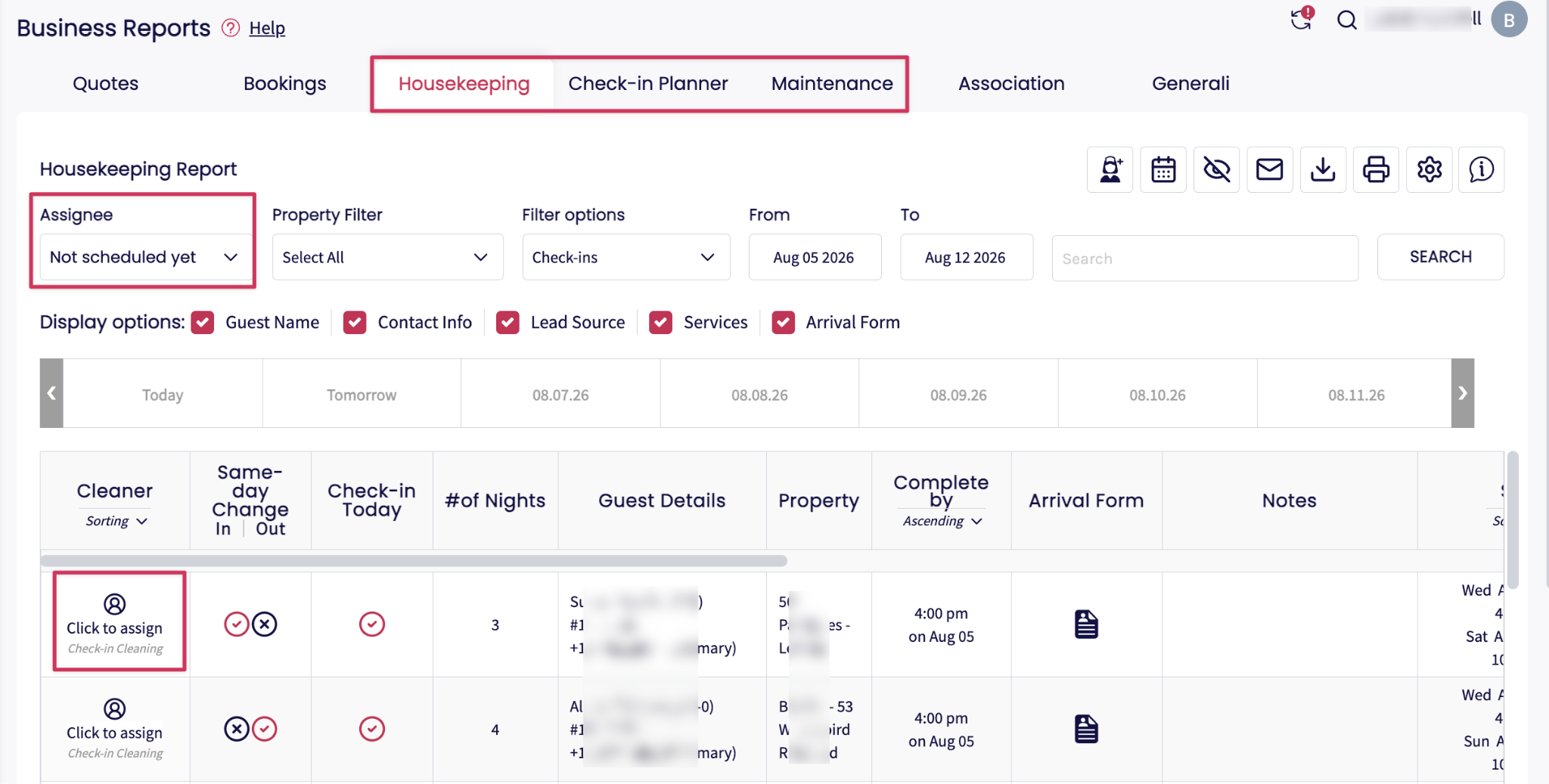 Operations Reports  Go to Solutions > Operations.  Select the relevant report (Housekeeping, Check-in Planner or Maintenance).  Filter by Not scheduled yet, then assign the staff member.