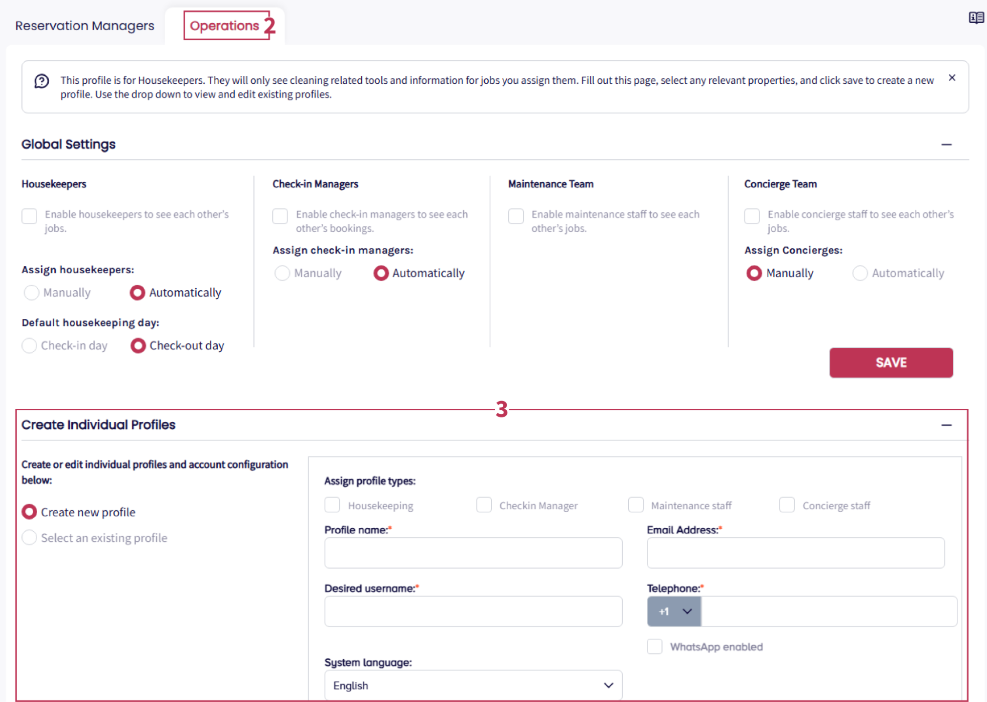 Operations in Settings > User Rights, where Reservation Manager can create and manage operational staff profiles, assign roles, permissions, properties, and language preferences for housekeeping, check-in, maintenance, and concierge teams.
