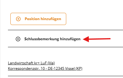 The image shows a form with instructions to add a position note, a closing remark, and contact information including a land address and a Vissel postal code.
KI-generierte Inhalte können fehlerhaft sein.