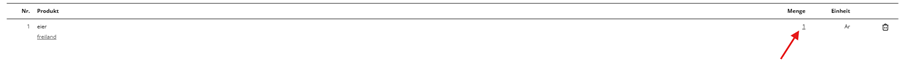 The image displays a simple table with rows for 'Produkt' (Product), 'Menge' (Quantity), and 'Einheit' (Unit), and includes entries for 'Eier' (Eggs) with quantities of '1' and '1'.

KI-generierte Inhalte können fehlerhaft sein.