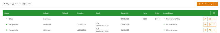The image is a table or list showing a completed invoice for a customer, including details such as invoice number, customer number, date, net amount, gross amount, shipping status, and a completed shipping document.
KI-generierte Inhalte können fehlerhaft sein.
