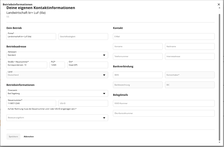 The image is a form with fields for various business information including contact details, address, bank information, and tax numbers.
KI-generierte Inhalte können fehlerhaft sein.
