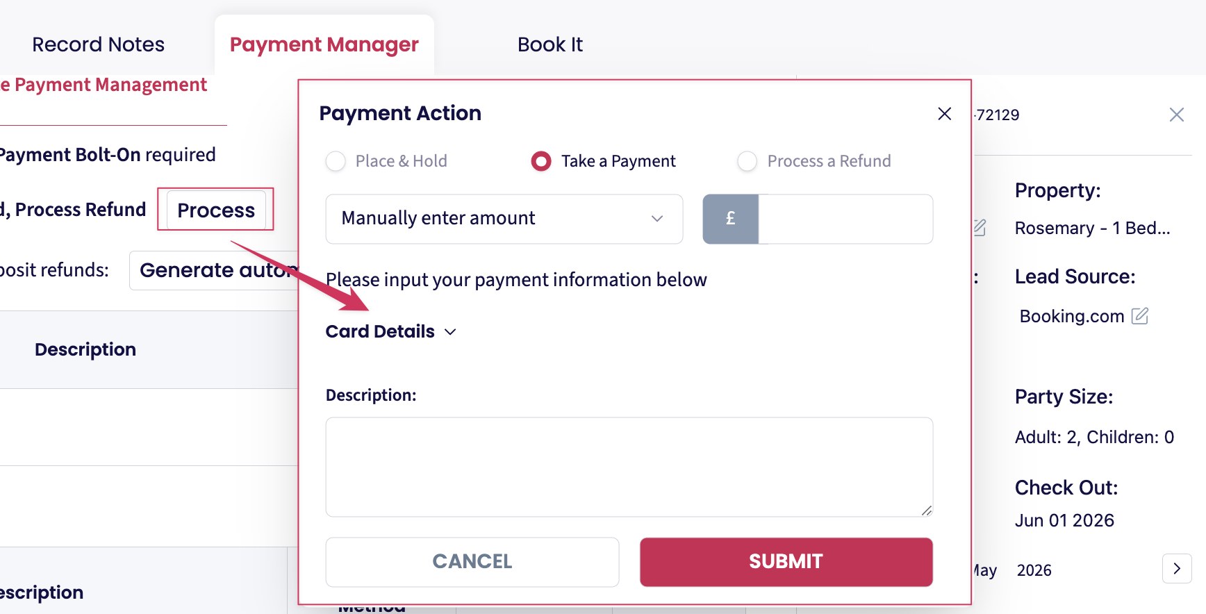 Proceed with manual payment processing using the Credit Card provided: